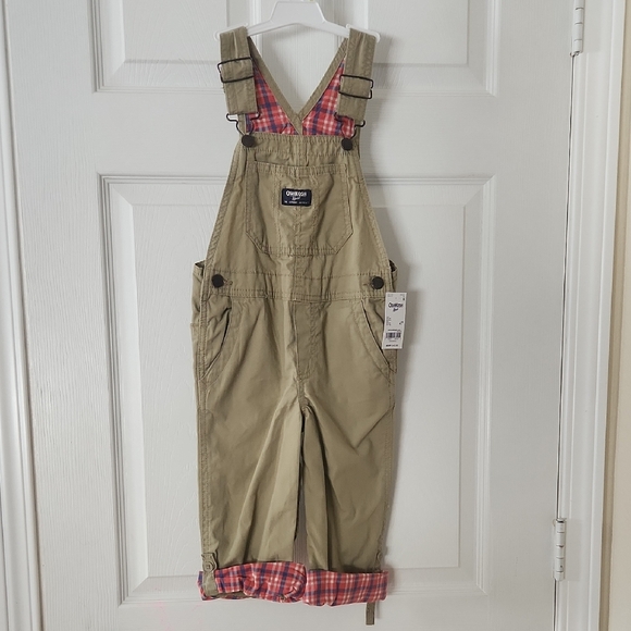 OshKosh B'gosh Other - NWT OshKosh B'gosh Kids Beige Overalls with Red Plaid Accents 4T